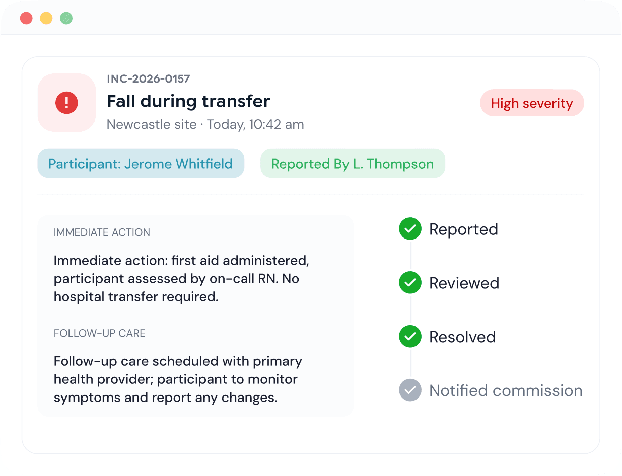 A high-severity incident report in Vorda progressing from reported to reviewed, resolved and commission-notified