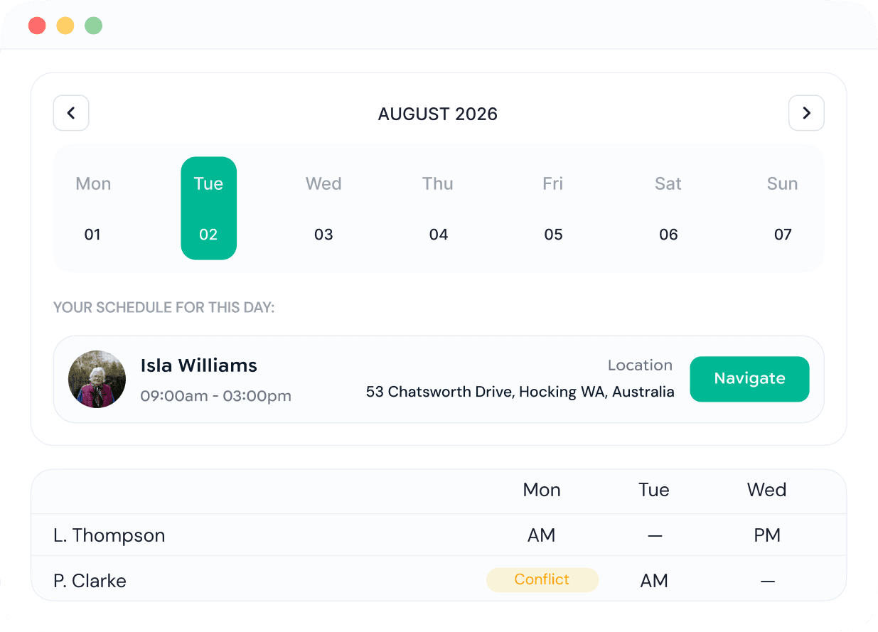 Vorda's roster assigning shifts across sites while matching worker qualifications and flagging booking conflicts